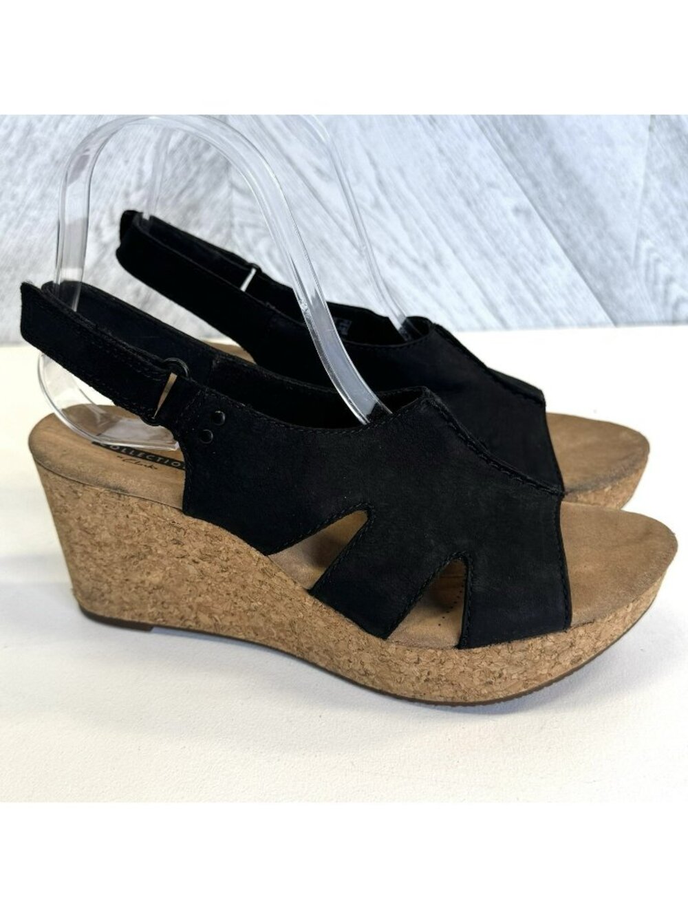 Clarks Annadel Bari Womens US 8 Black Cork Wedge Slingback Sandals Shoes Nubuck